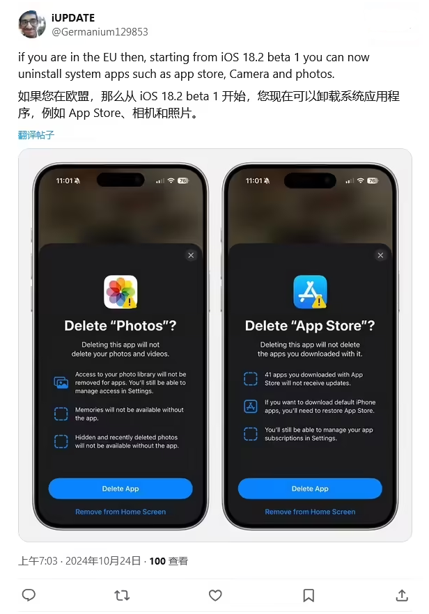 金溪苹果手机维修分享iOS 18.2 支持删除 App Store 应用商店 