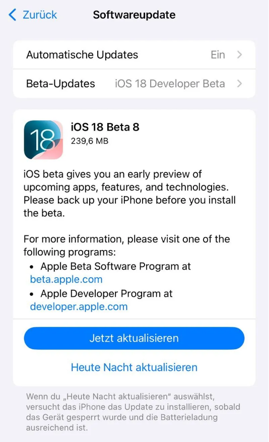 金溪苹果手机维修分享苹果 iOS / iPadOS 18 开发者预览版 Beta 8 发布 